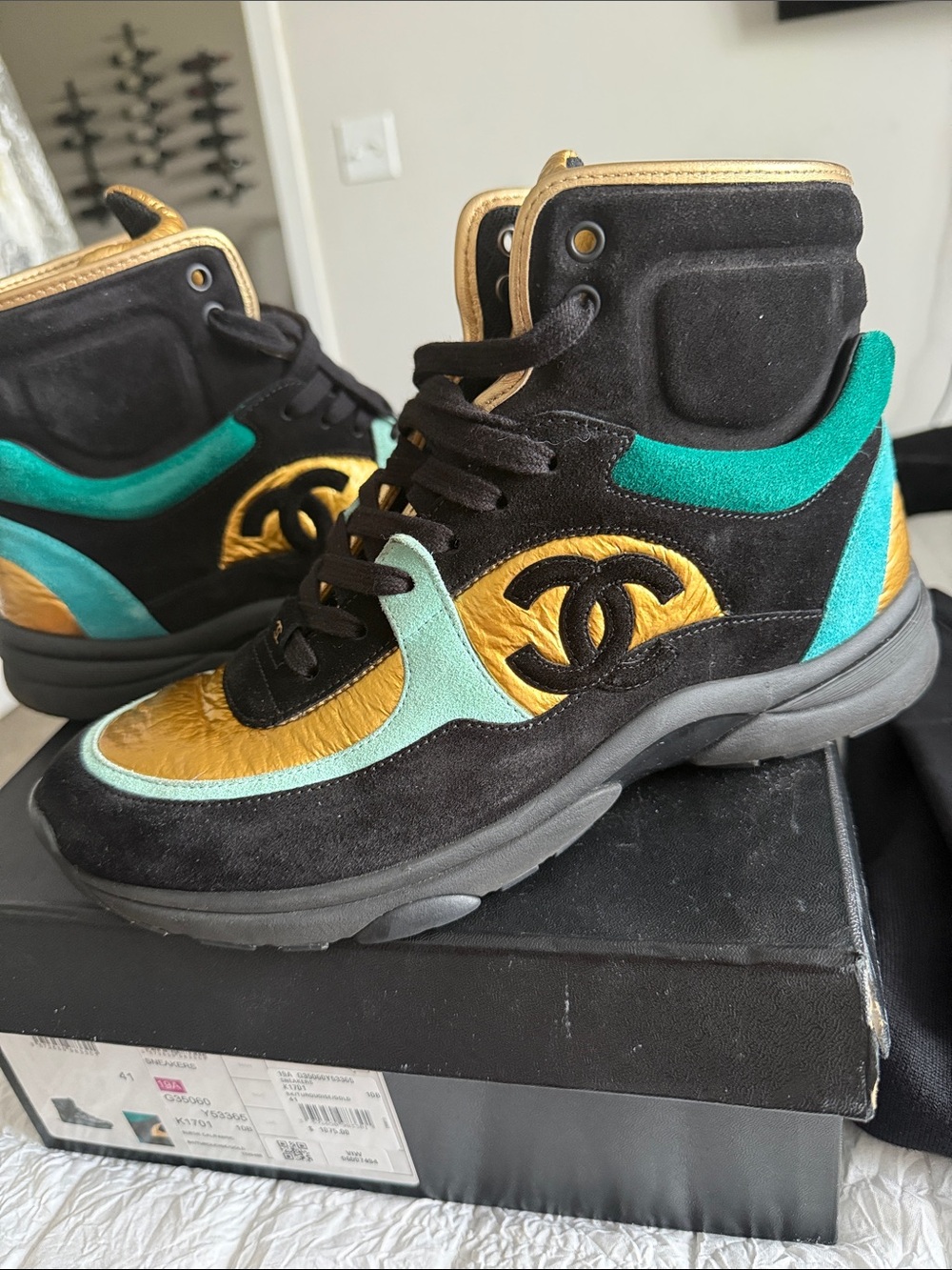 CHANEL Black Suede High-Top Sneakers with Teal & Gold Accents